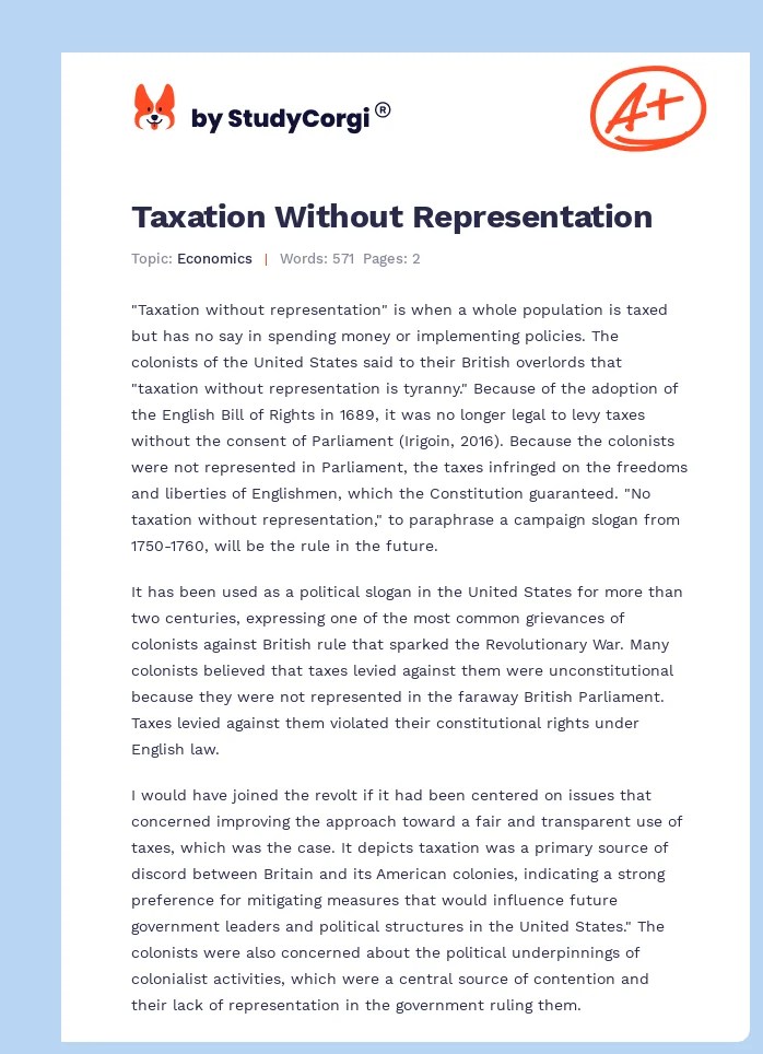 Taxation Without Representation Free Essay Example
