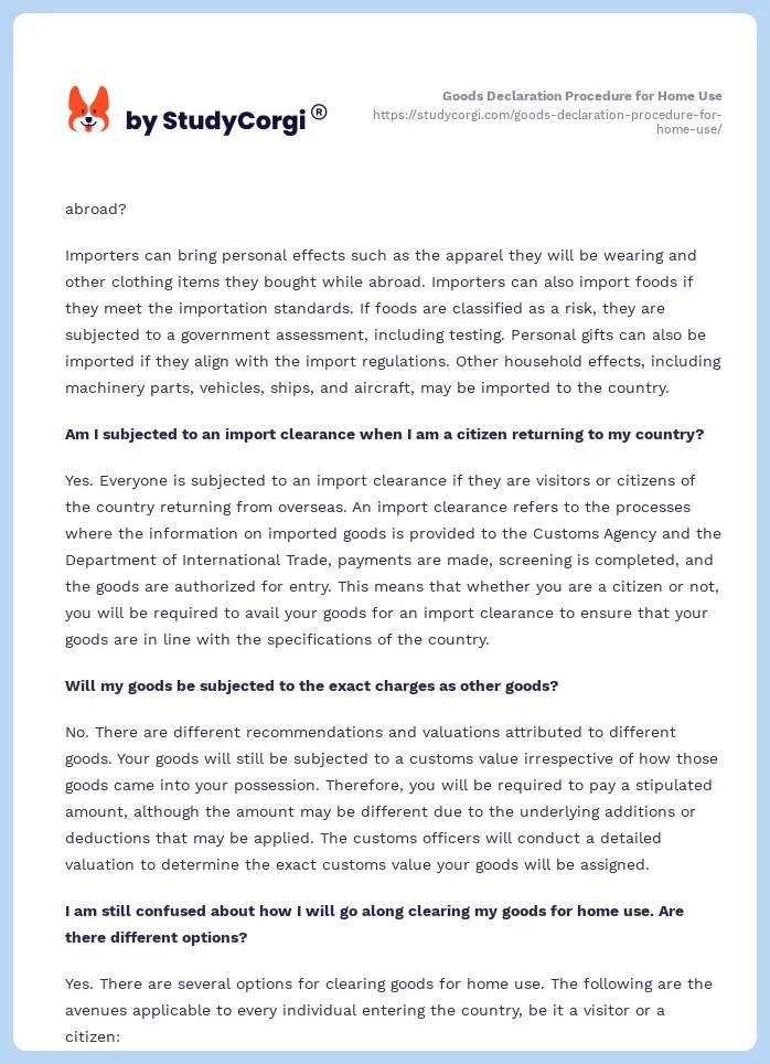 Goods Declaration Procedure for Home Use Free Essay Example