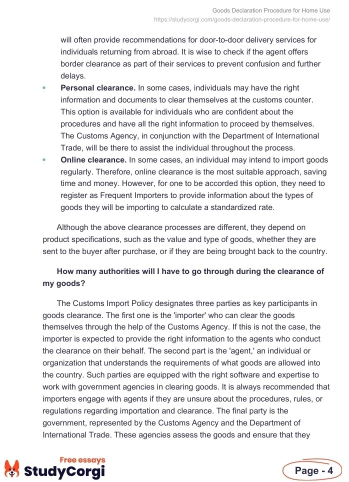 Goods Declaration Procedure for Home Use Free Essay Example