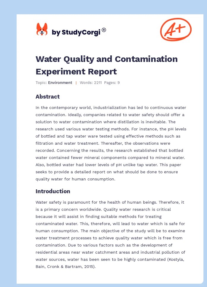 Water Quality and Contamination Experiment Report Free Essay Example