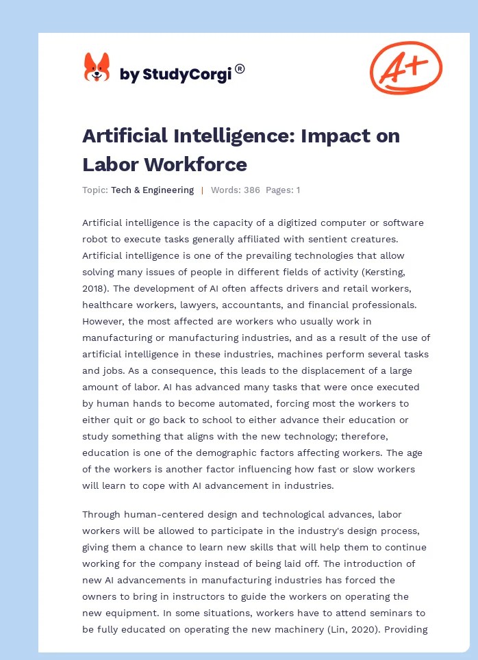 Artificial Intelligence Impact on Labor Workforce Free Essay Example