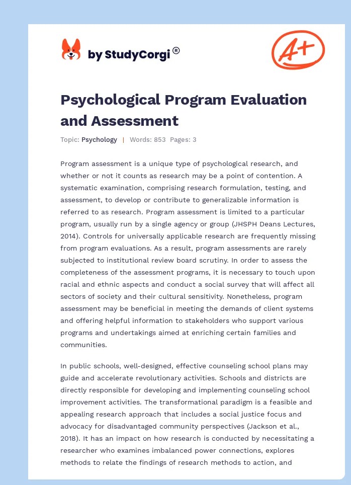 Psychological Program Evaluation and Assessment Free Essay Example