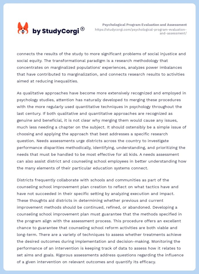 Psychological Program Evaluation and Assessment Free Essay Example