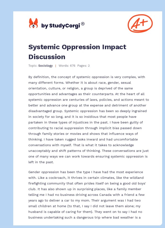 Systemic Oppression Impact Discussion Free Essay Example