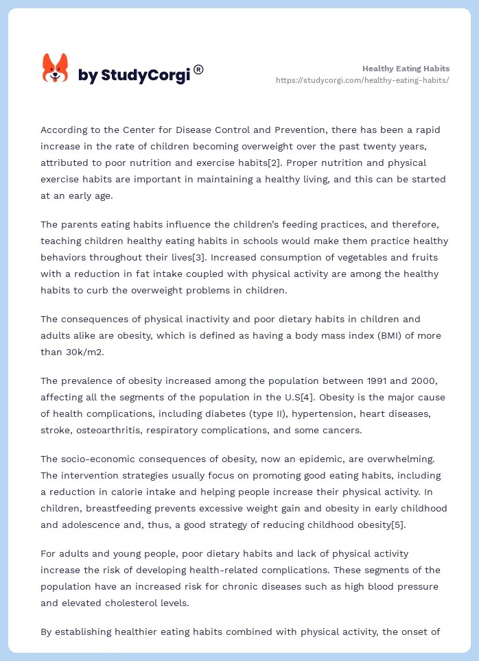 Healthy Eating Habits Free Essay Example