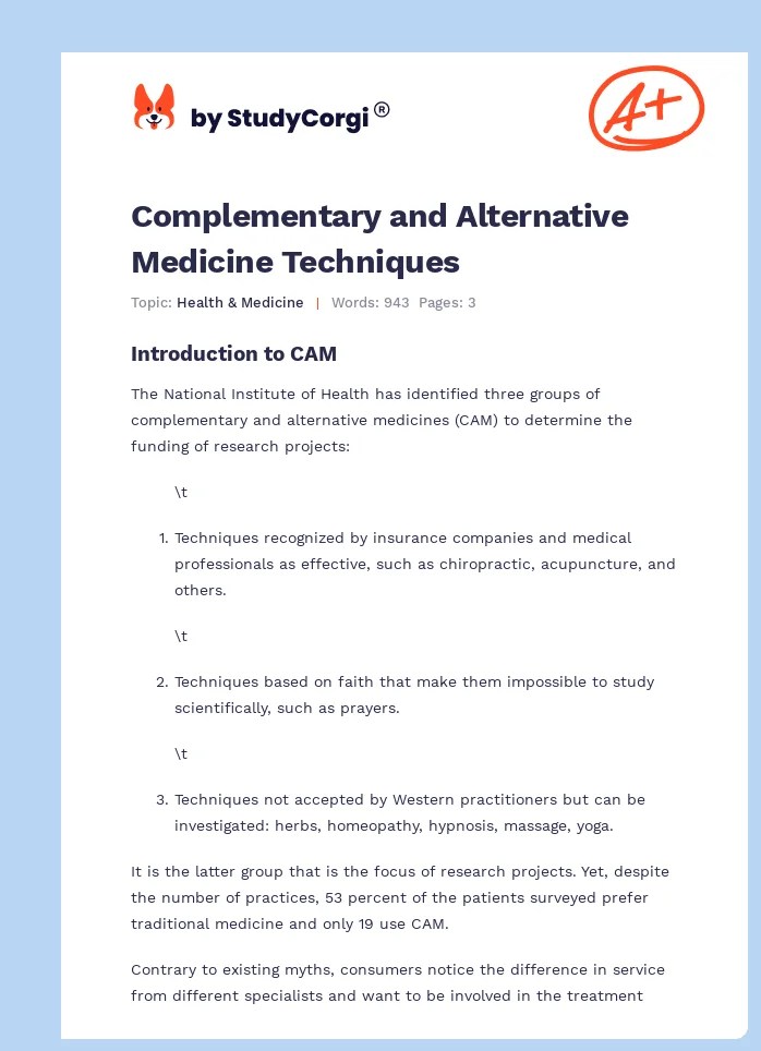 Complementary and Alternative Medicine Techniques Free Essay Example