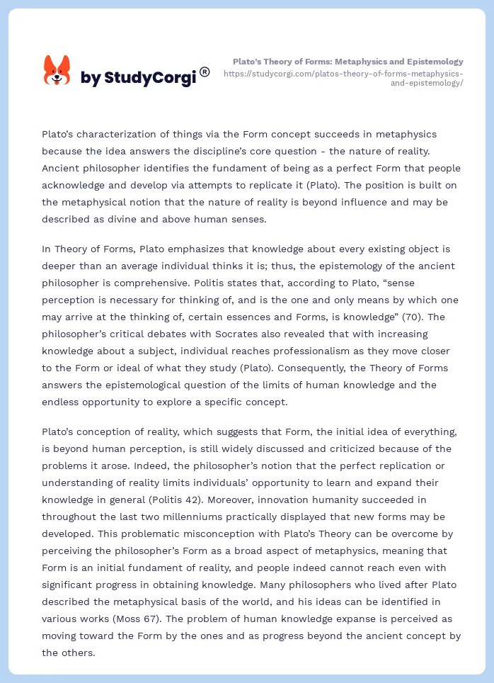 Plato's Theory of Forms Metaphysics and Epistemology Free Essay Example