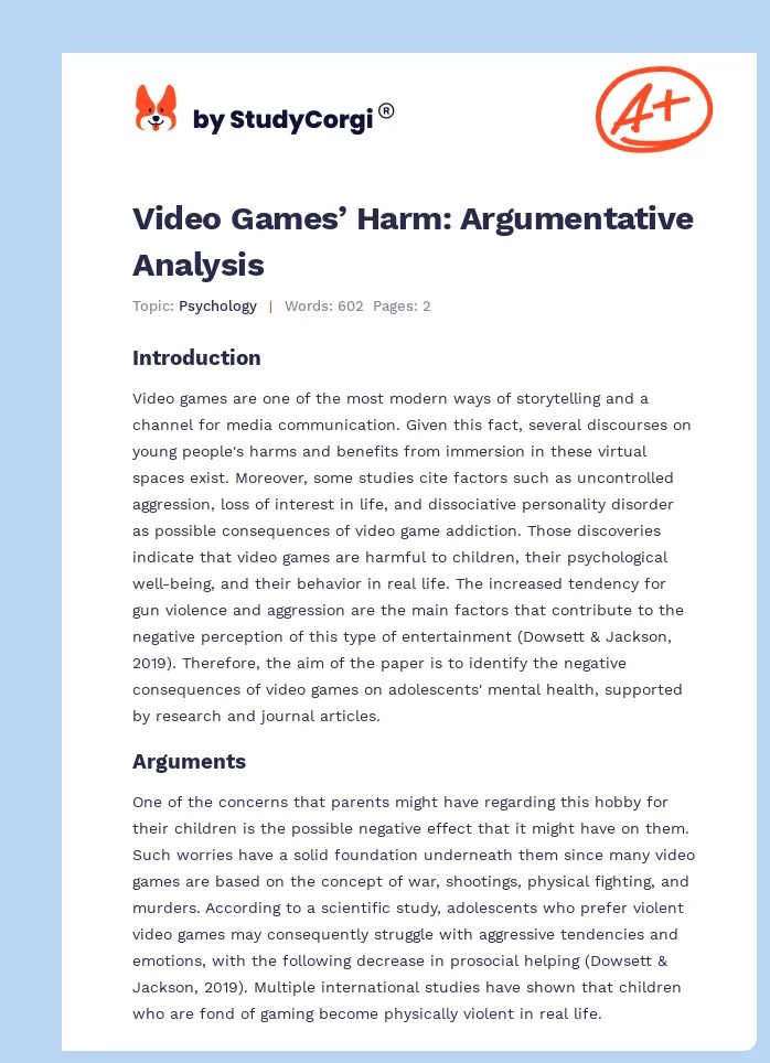 Video Games' Harm Argumentative Analysis Free Essay Example