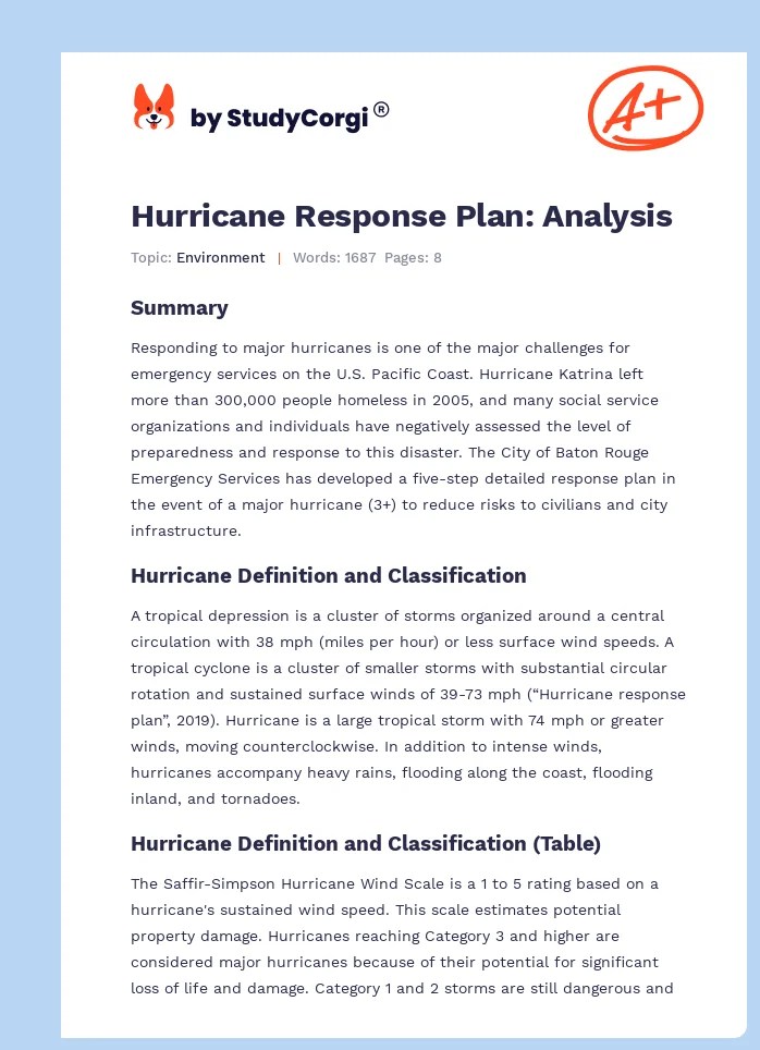 Hurricane Response Plan Analysis Free Essay Example