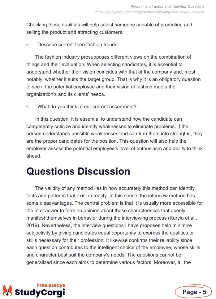 Recruitment Tactics and Interview Questions Free Essay Example