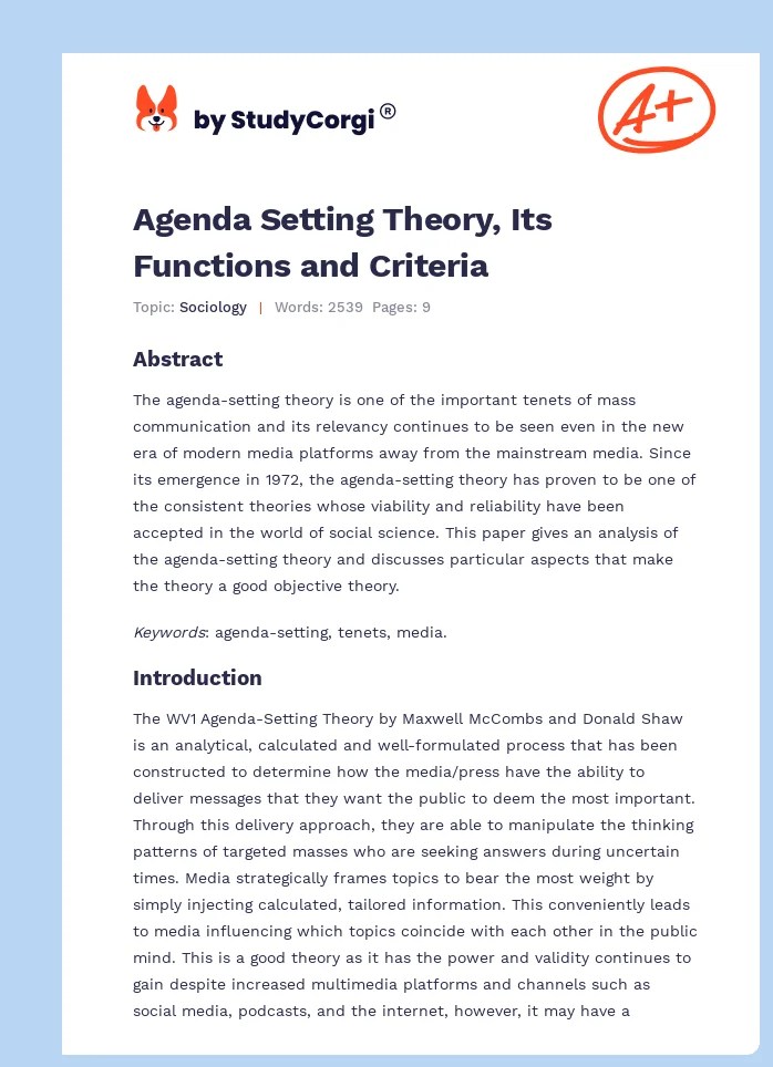 Agenda Setting Theory, Its Functions and Criteria Free Essay Example