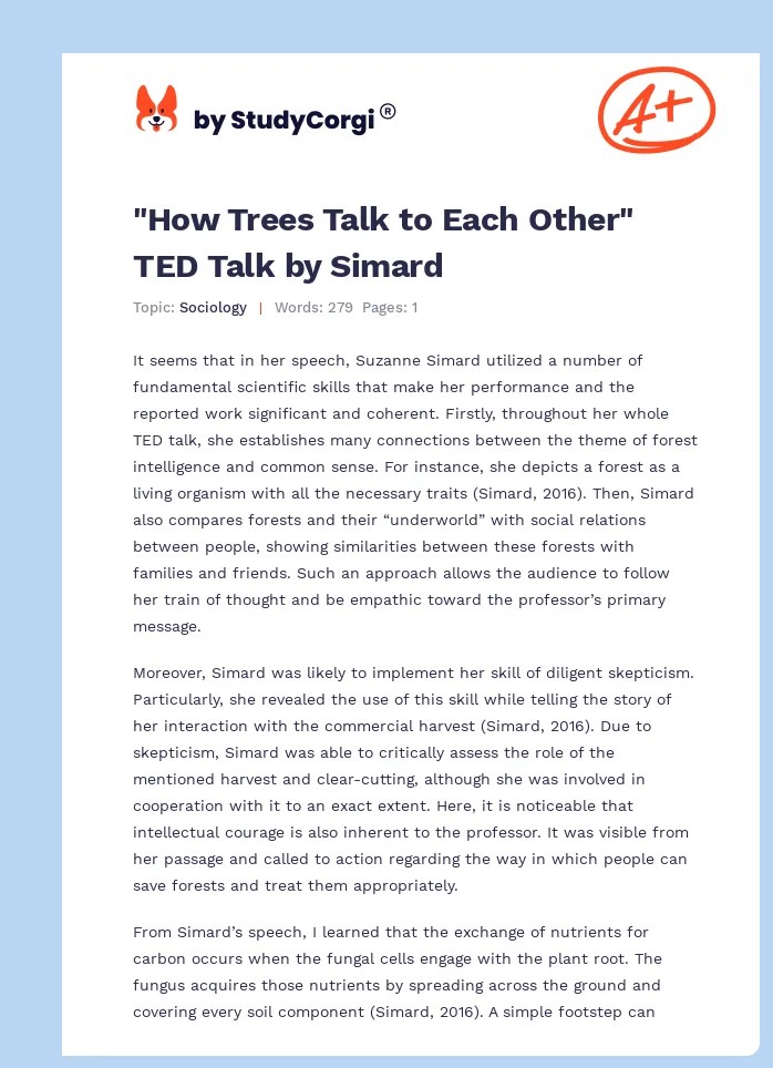 "How Trees Talk to Each Other" TED Talk by Simard Free Essay Example