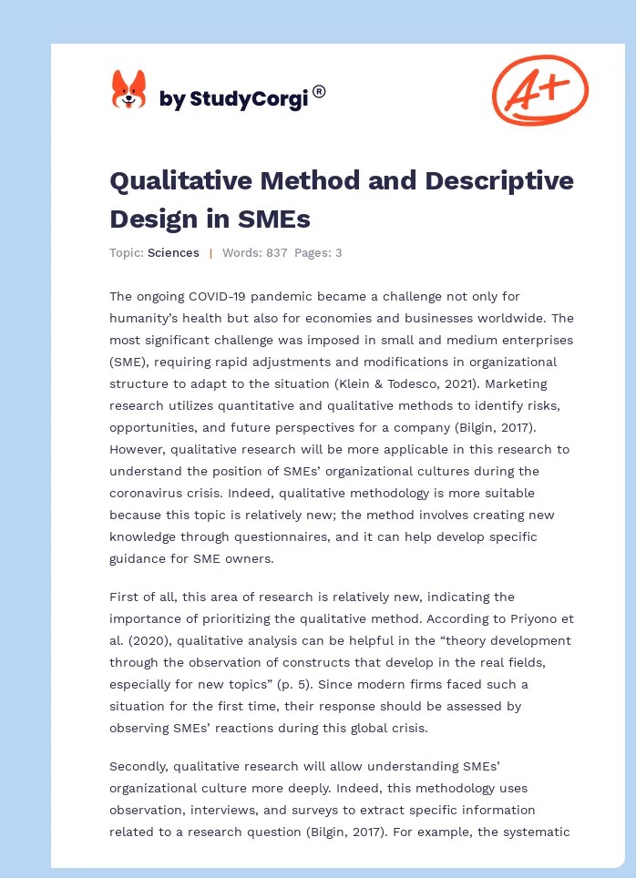 Qualitative Method and Descriptive Design in SMEs Free Essay Example