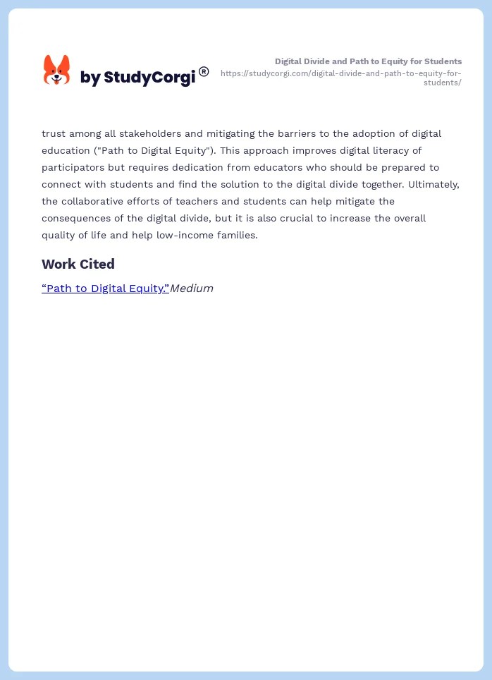 Digital Divide and Path to Equity for Students Free Essay Example