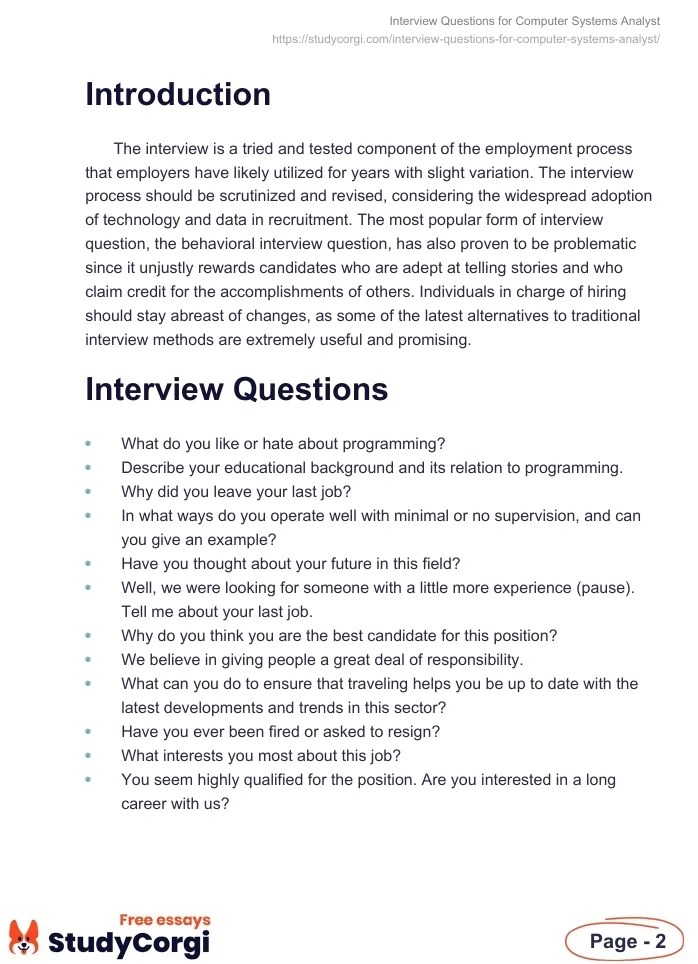 Interview Questions for Computer Systems Analyst Free Essay Example