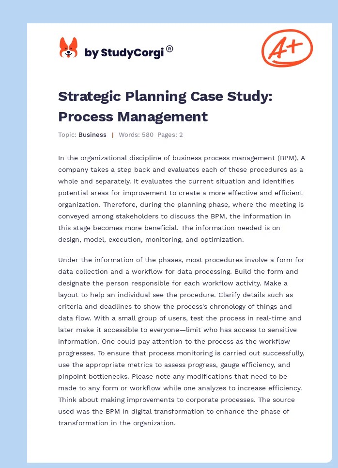 Strategic Planning Case Study Process Management Free Essay Example