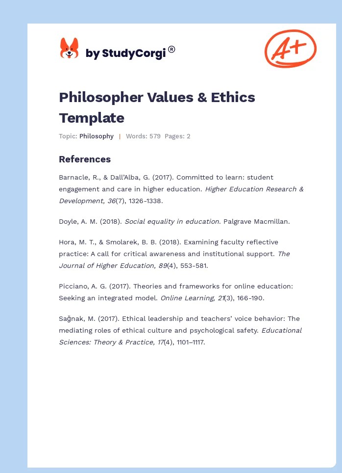 Philosopher Values & Ethics Template Free Essay Example