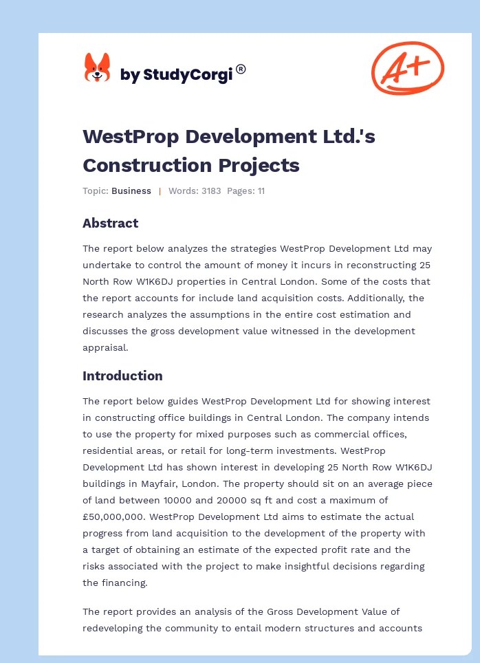 WestProp Development Ltd.'s Construction Projects Free Essay Example
