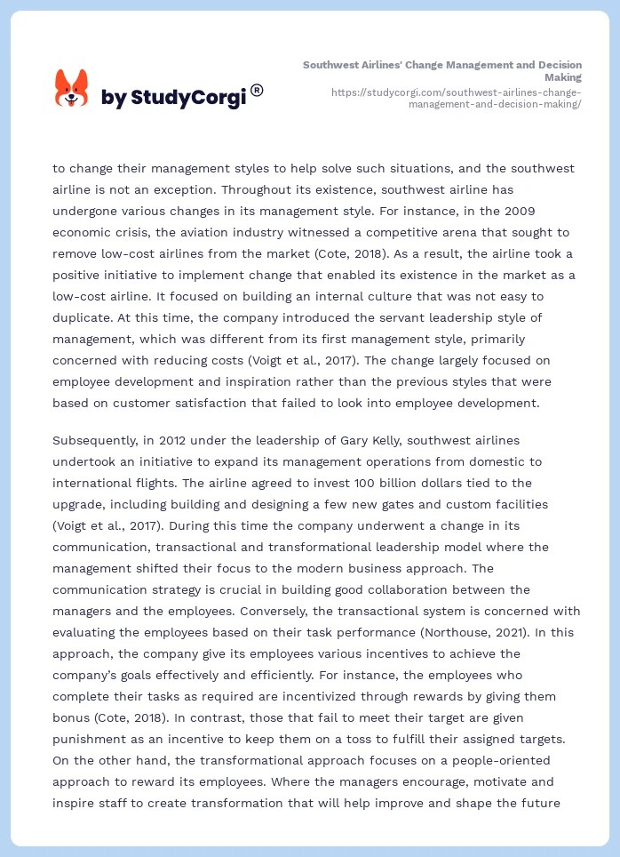 Southwest Airlines' Change Management and Decision Making Free Essay Example
