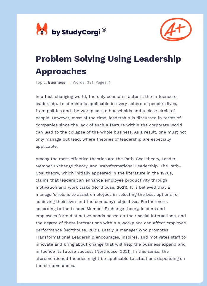 Problem Solving Using Leadership Approaches Free Essay Example