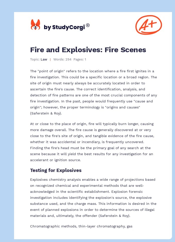 Fire and Explosives Fire Scenes Free Essay Example