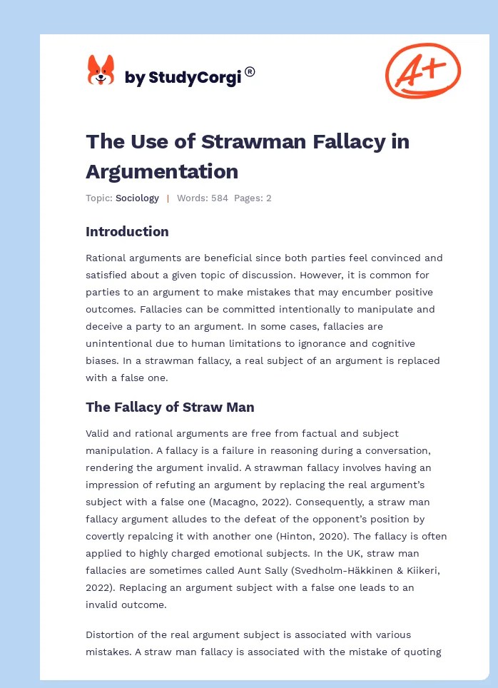 The Use of Strawman Fallacy in Argumentation Free Essay Example