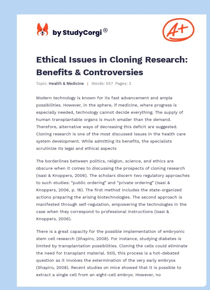 Ethical Issues in Cloning Research Benefits & Controversies Free Essay Example