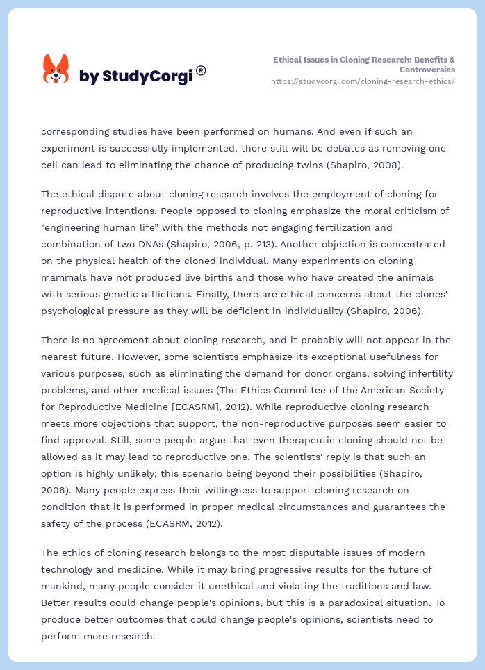 Ethical Issues in Cloning Research Benefits & Controversies Free Essay Example