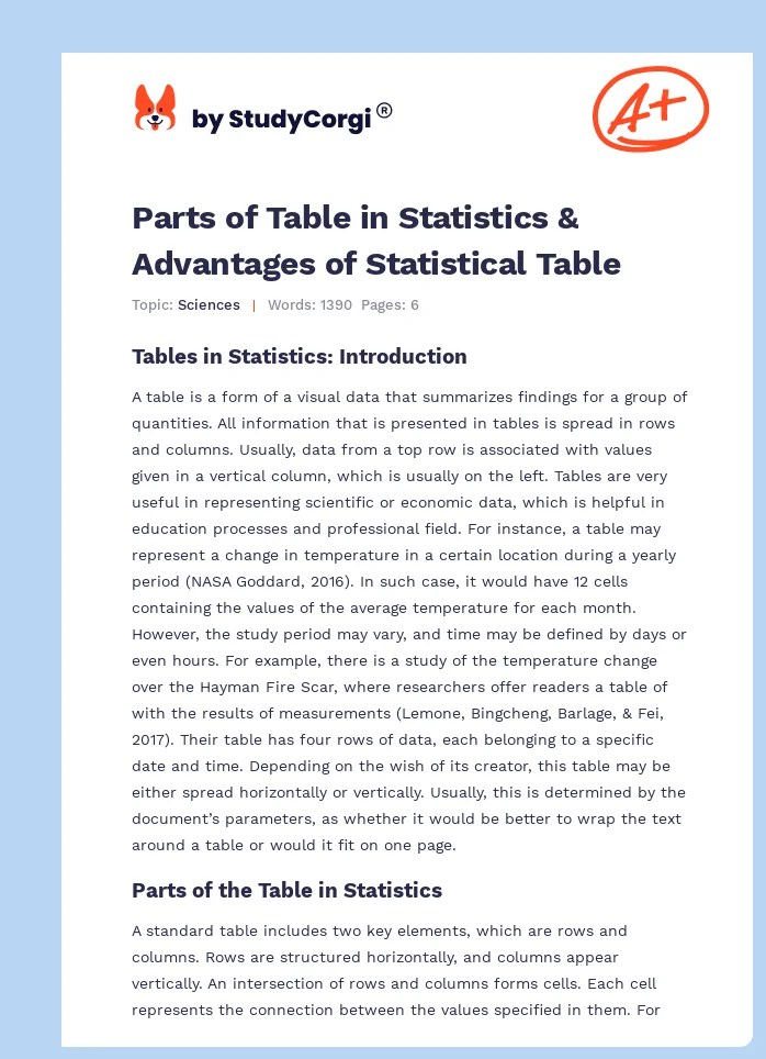 Parts of Table in Statistics & Advantages of Statistical Table Free