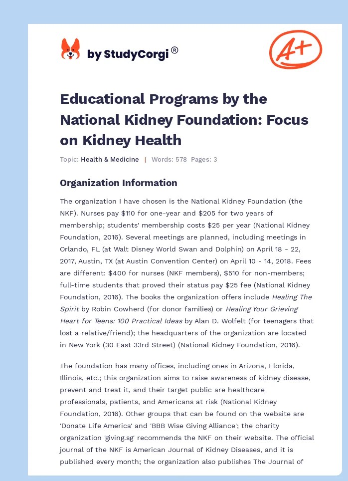 National Kidney Foundation's Educational Programs Free Essay Example