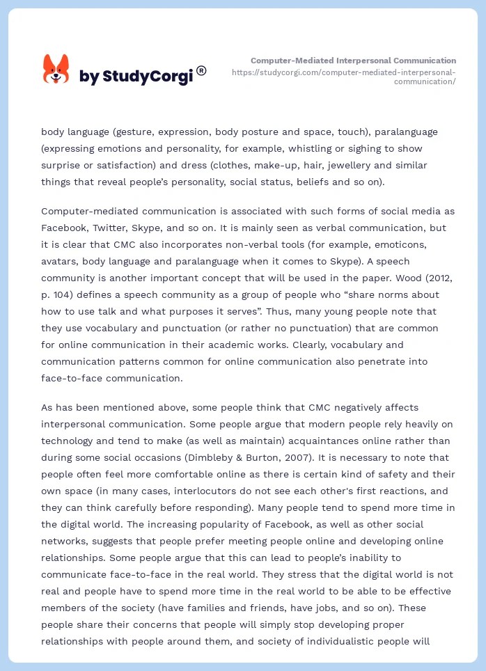 ComputerMediated Interpersonal Communication Free Essay Example
