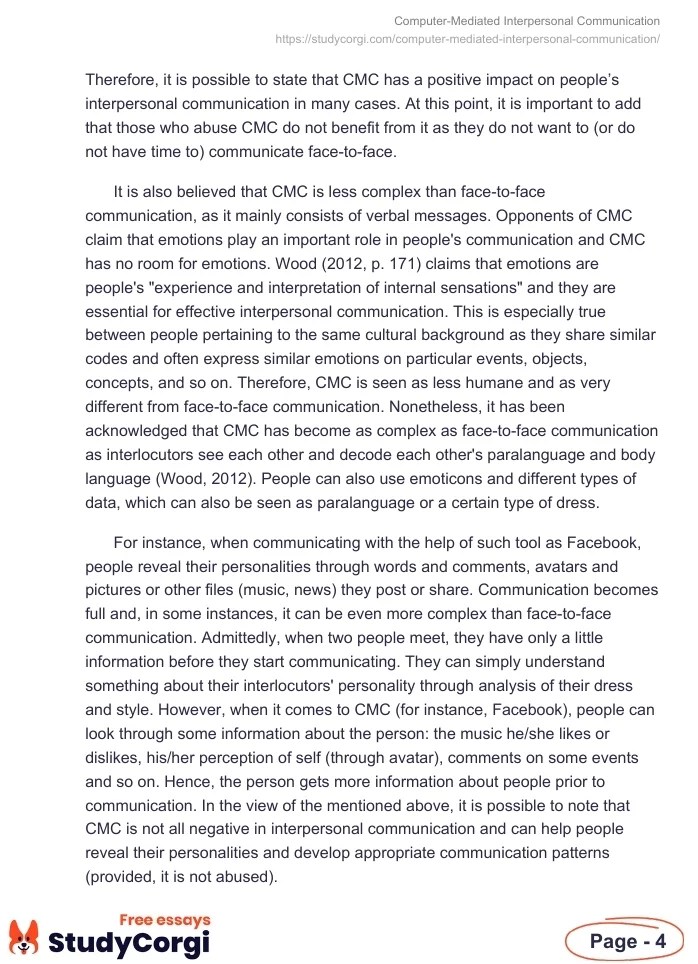 ComputerMediated Interpersonal Communication Free Essay Example
