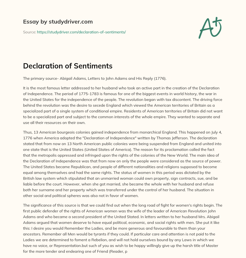 Declaration of Sentiments Free Essay Example