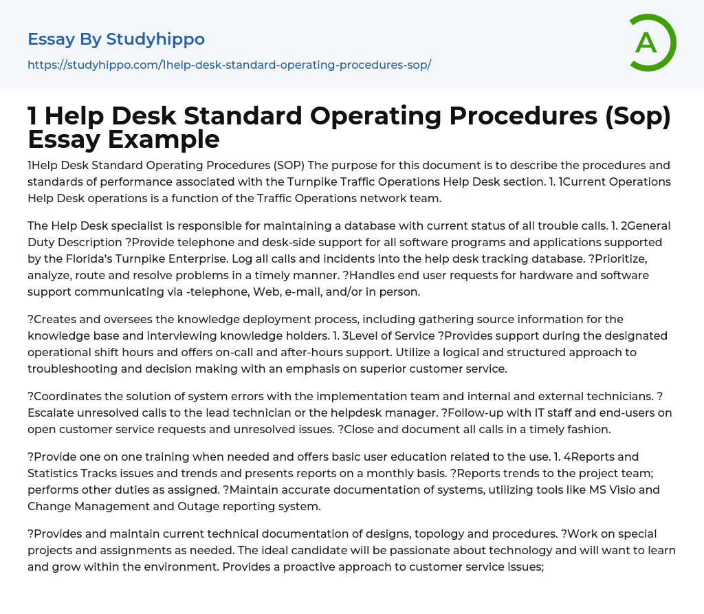 1 Help Desk Standard Operating Procedures (Sop) Essay Example 1 Help Desk Standard Operating Procedures (Sop) Essay Example
