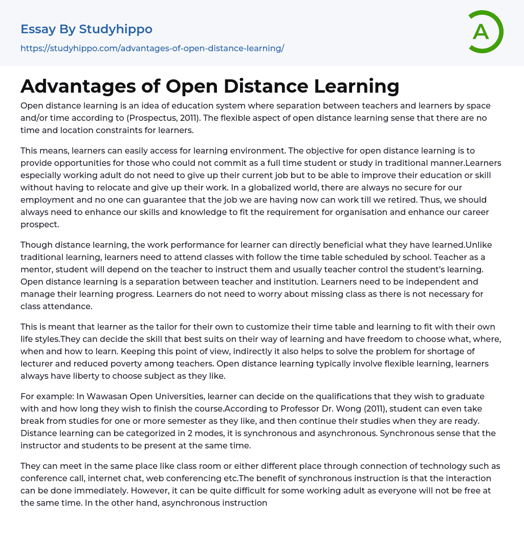Advantages of Open Distance Learning Essay Example