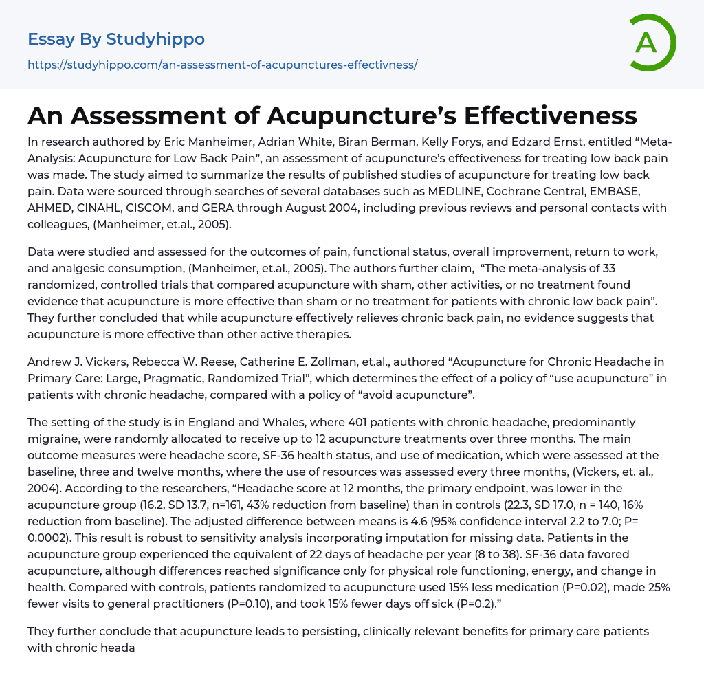 An Assessment of Acupuncture’s Effectiveness Essay Example