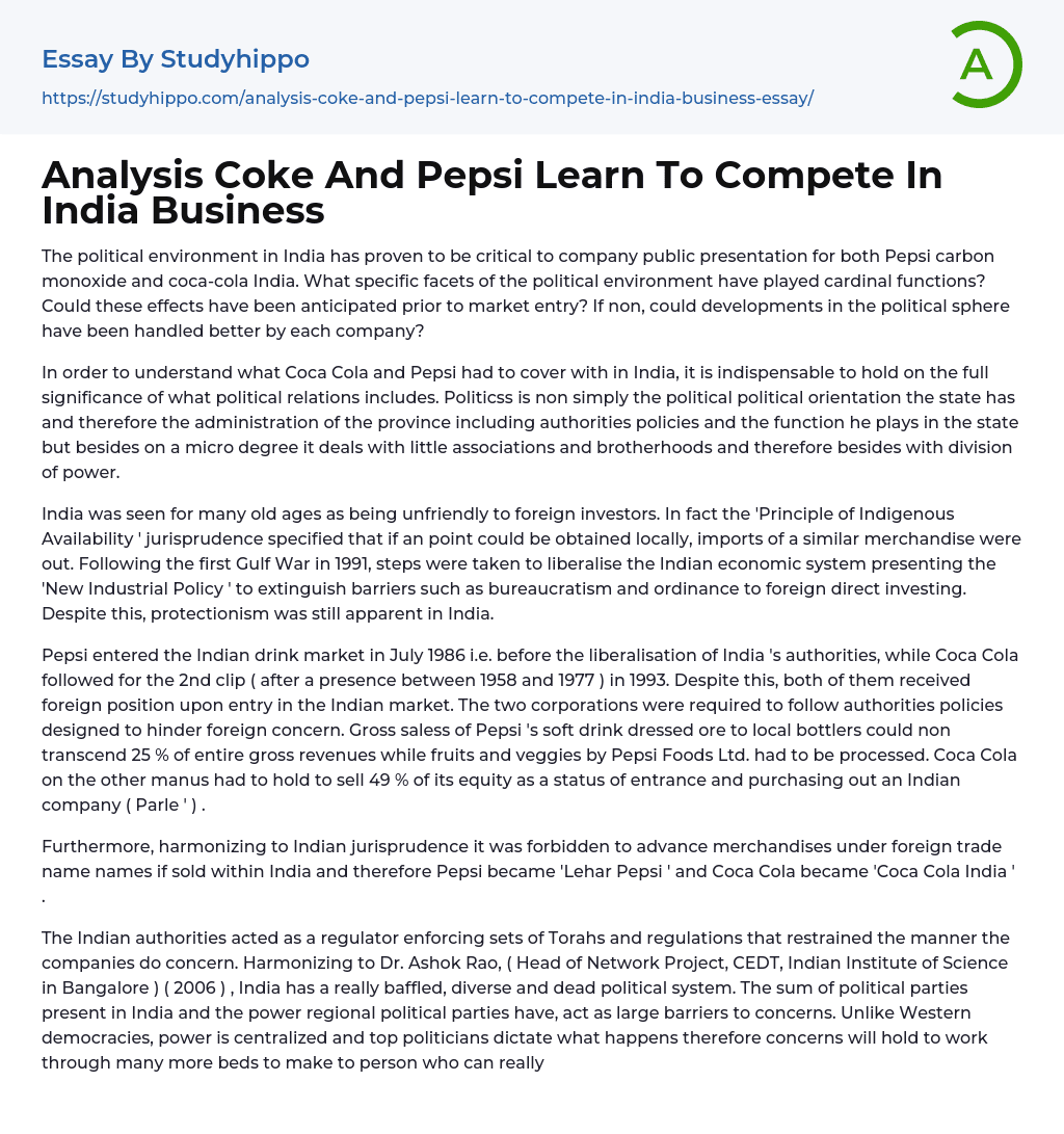 Analysis Coke And Pepsi Learn To Compete In India Business Essay