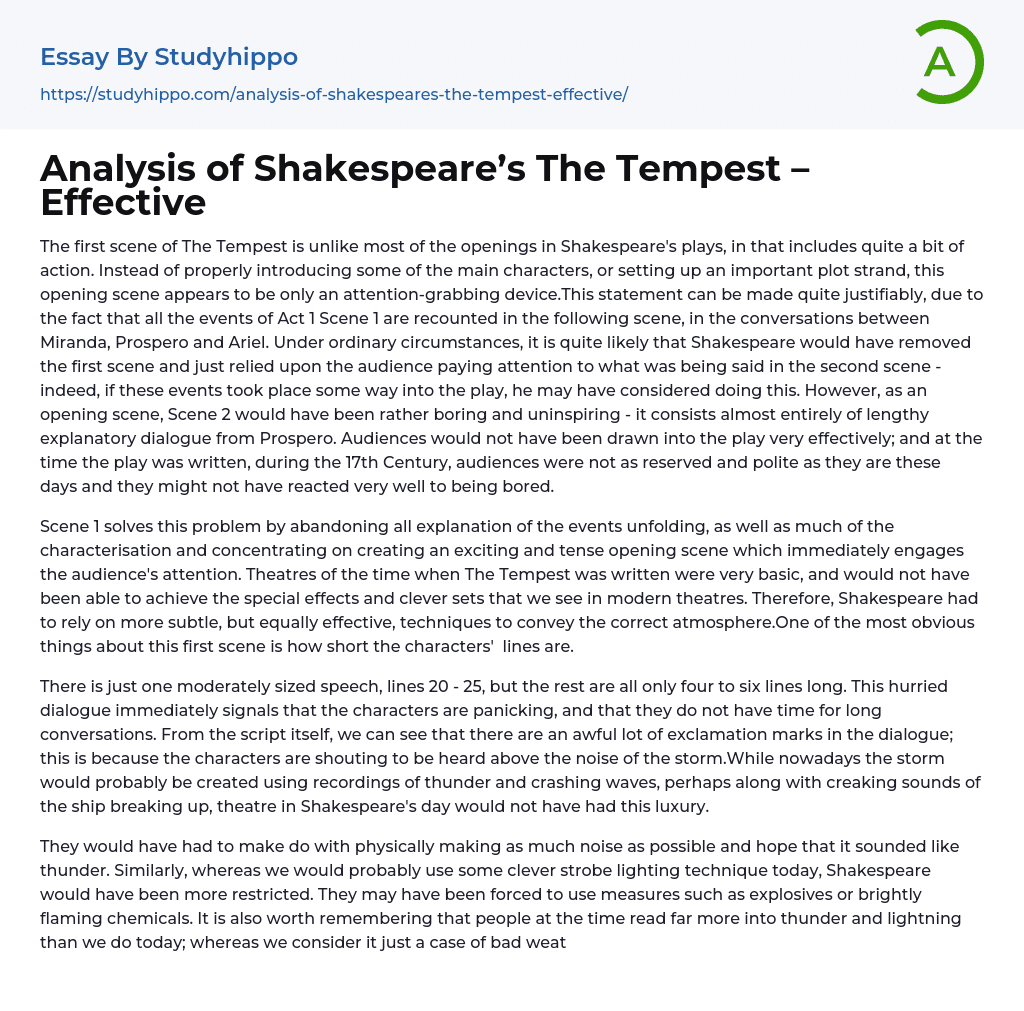 Analysis of Shakespeare’s The Tempest Effective Essay Example