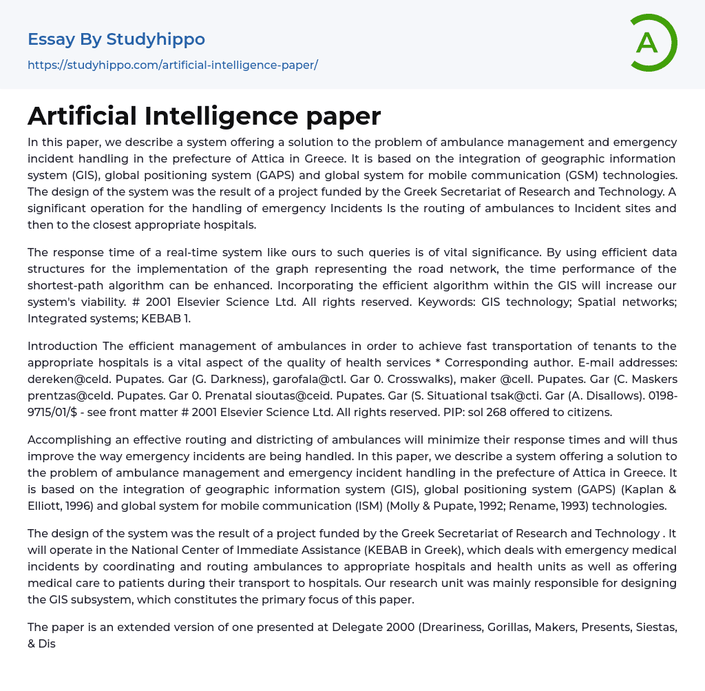 Artificial Intelligence paper Essay Example
