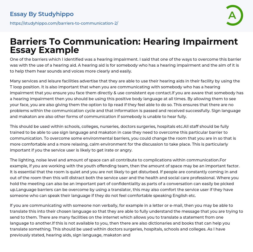 Barriers To Communication Hearing Impairment Essay Example