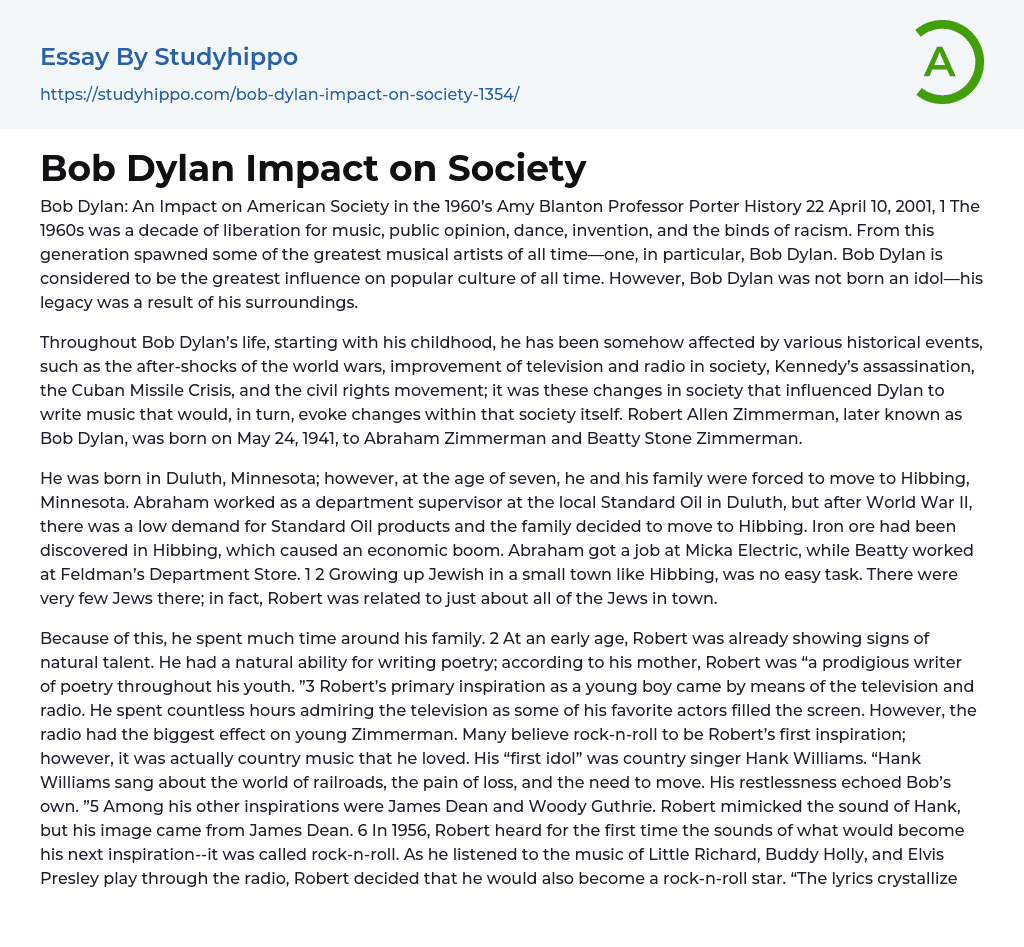 Bob Dylan Impact on Society Essay Example