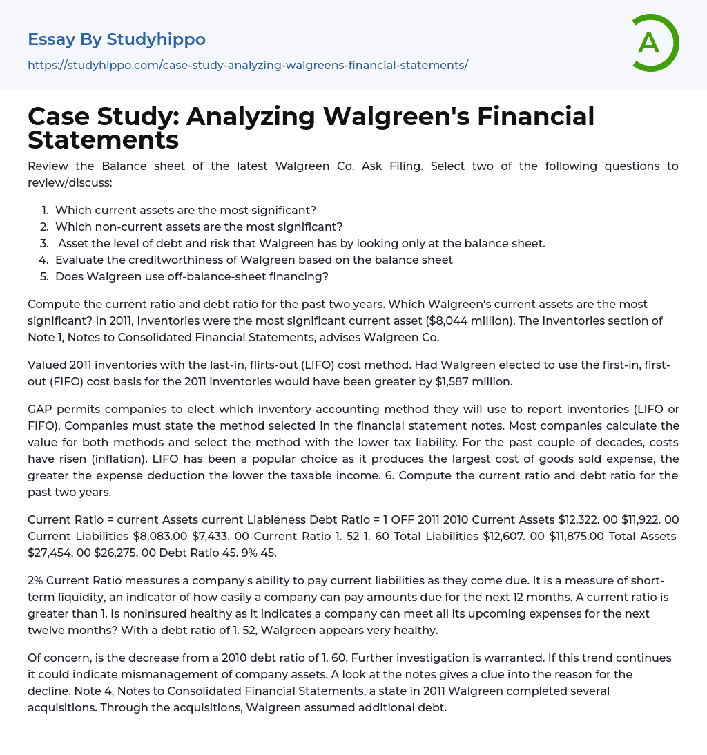 Case Study Analyzing Walgreen’s Financial Statements Essay Example