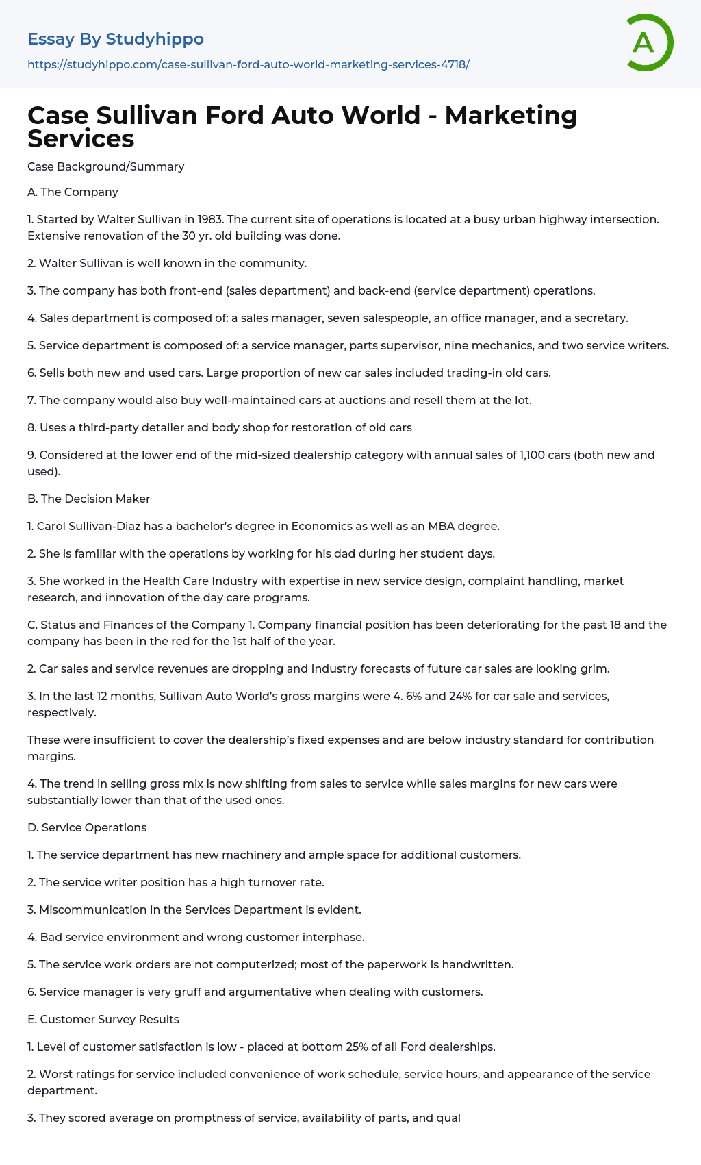 Case Sullivan Ford Auto World Marketing Services Essay Example