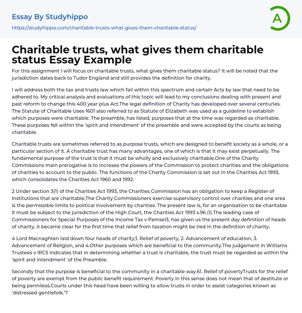 Charitable trusts, what gives them charitable status Essay Example