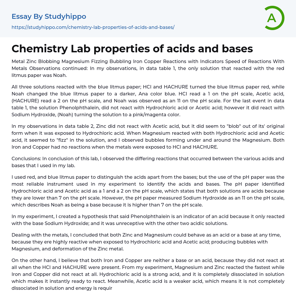 Chemistry Lab properties of acids and bases Essay Example