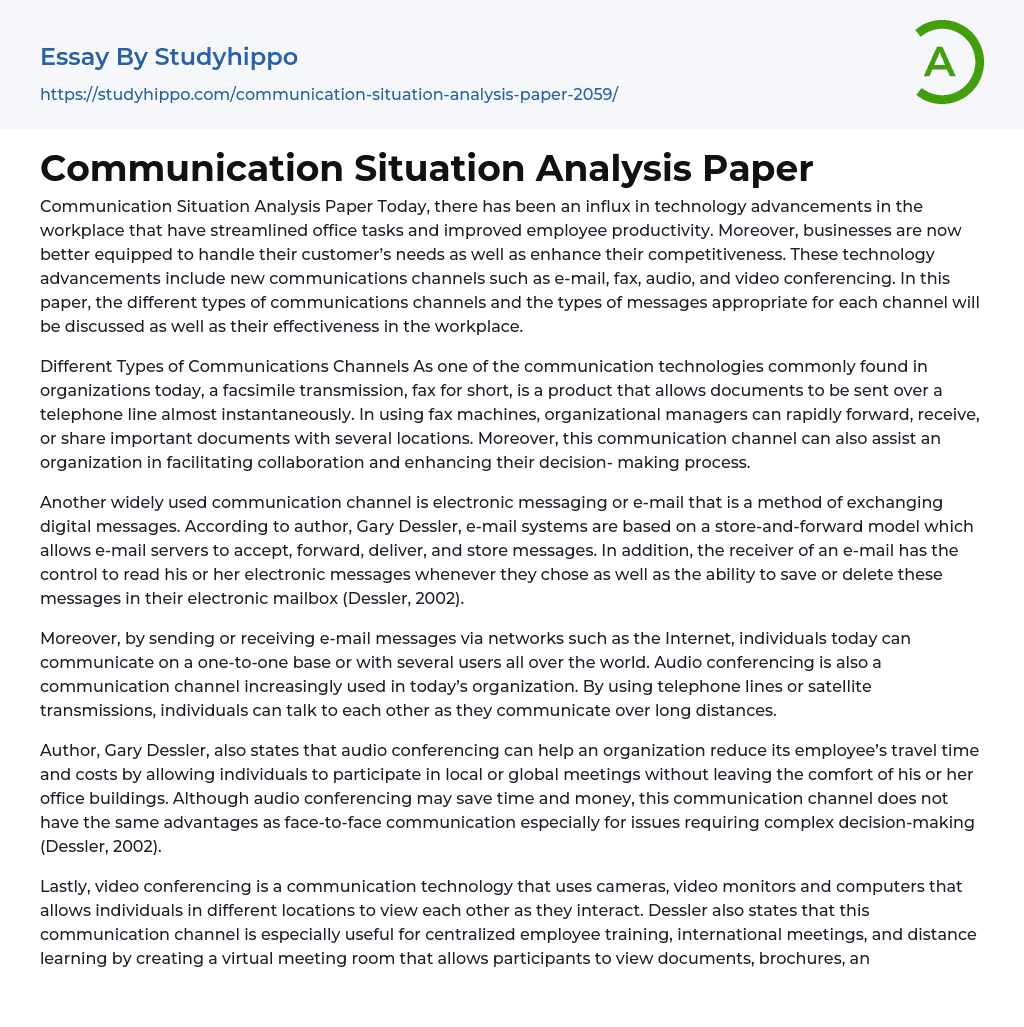 Communication Situation Analysis Paper Essay Example
