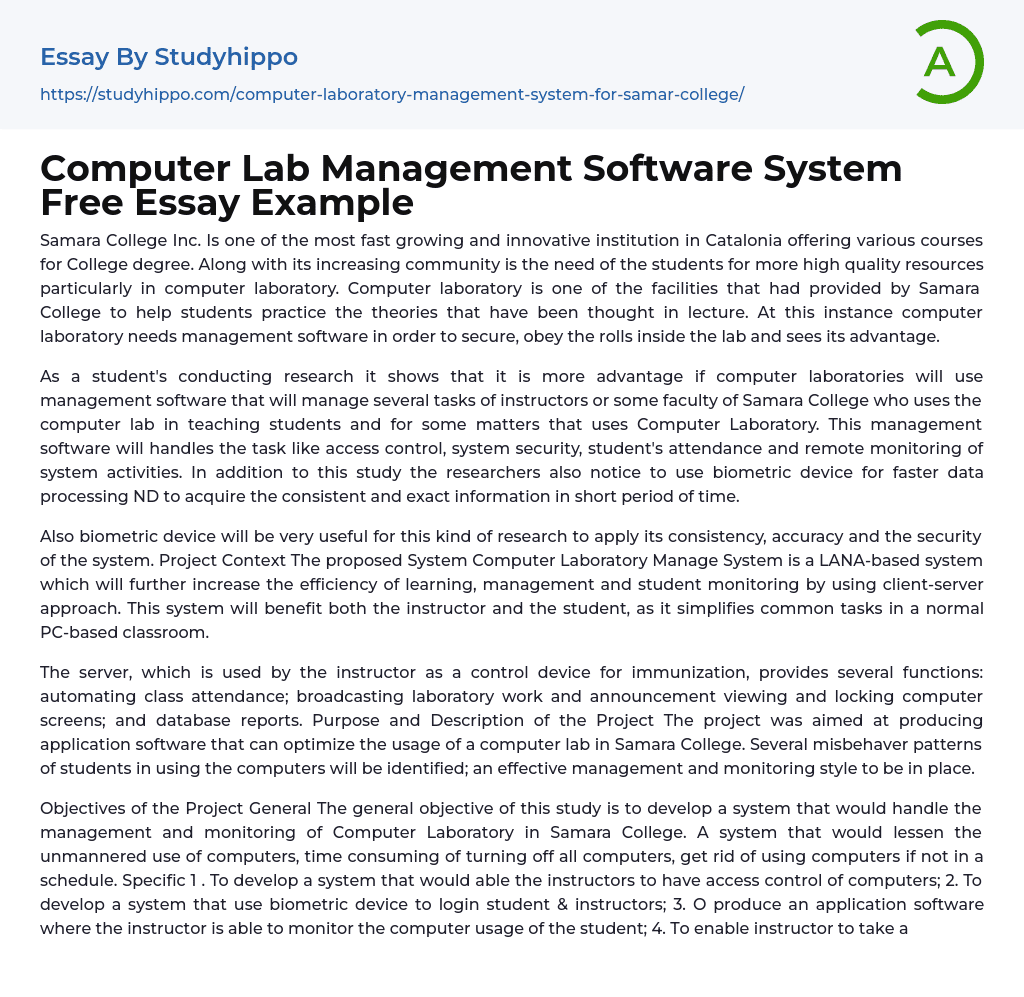 Computer Lab Management Software System Free Essay Example