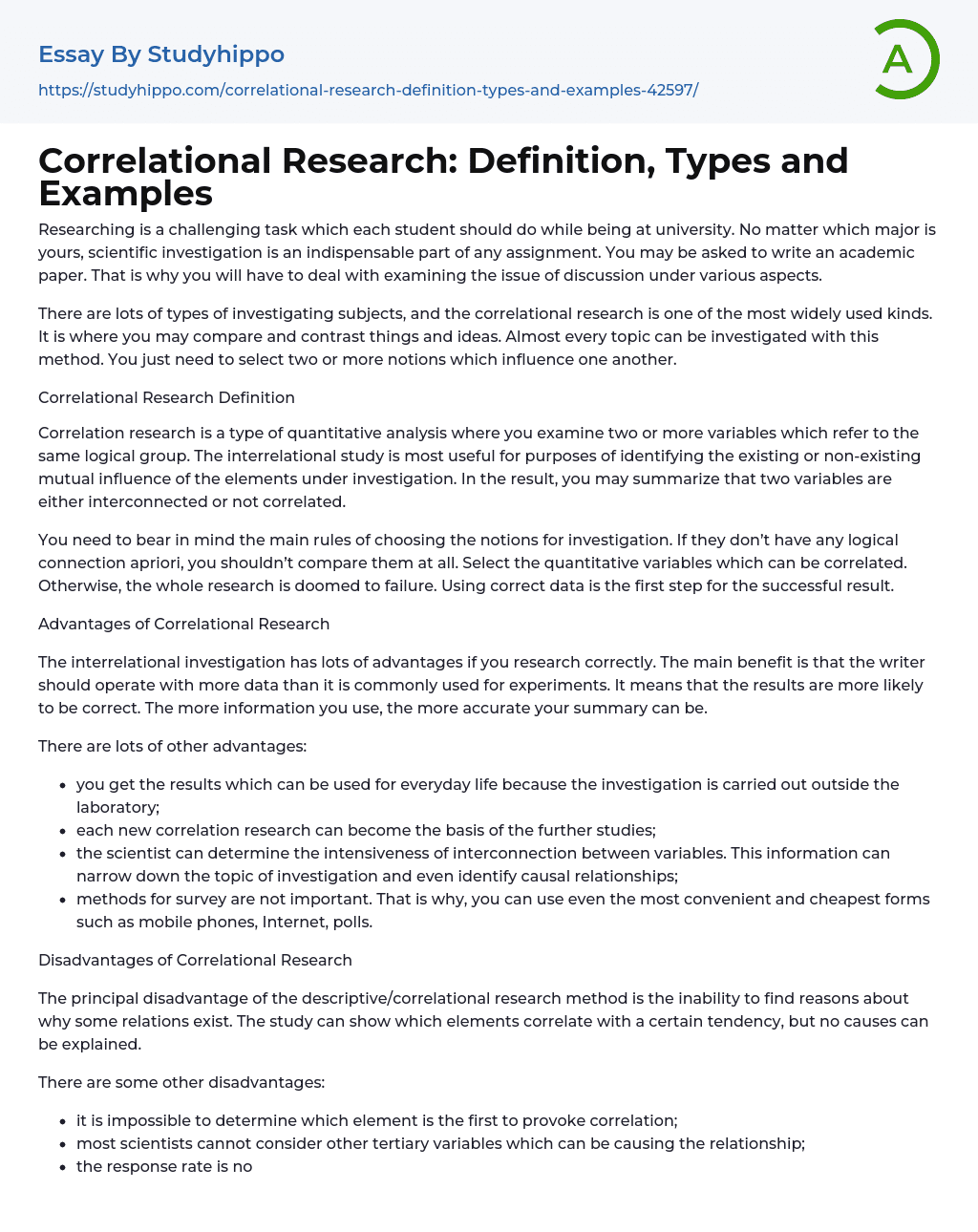 Correlational Research Definition, Types and Examples Essay Example