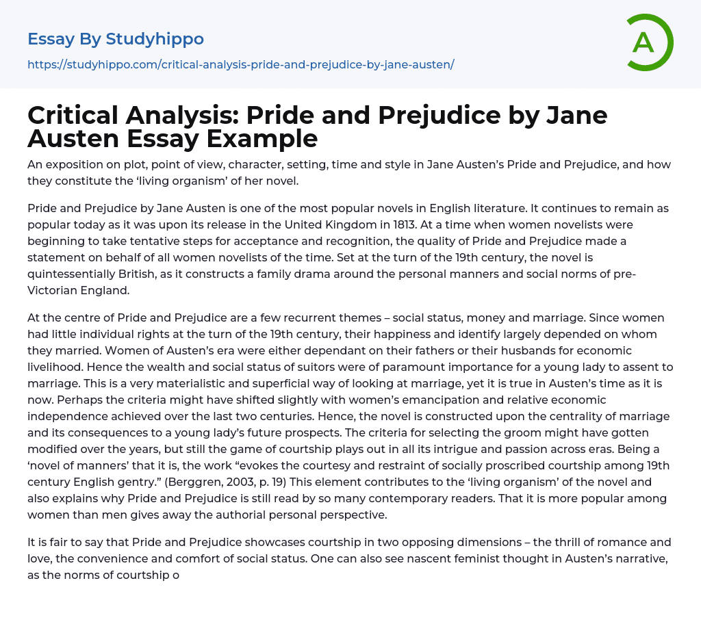 Critical Analysis Pride and Prejudice by Jane Austen Essay Example