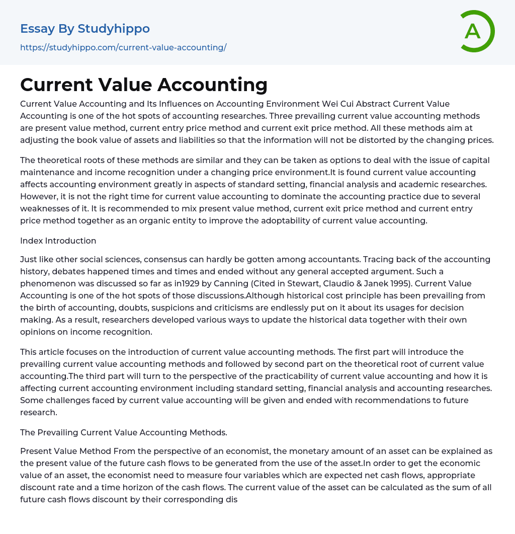 Current Value Accounting Essay Example